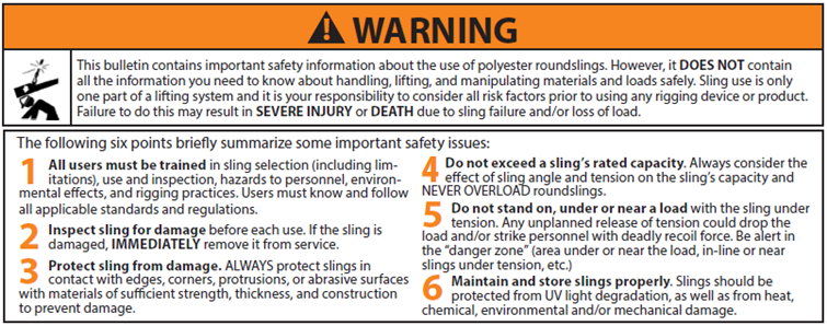 Polyester Roundslings Use and Care Warning